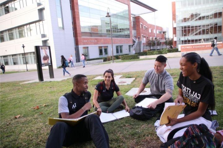 Two male students and two female students sitting on a lawn. Behind them are buildings with red brick